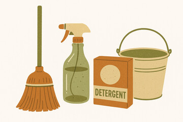 Mid-Century Modern Cleaning Tool Icon Set in Hand-Drawn Vector Style with Grainy Texture