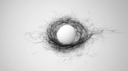 Abstract white sphere surrounded by black particle swarm on neutral background