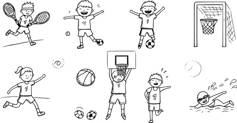 Black and White Doodle Set of Kids Playing Sports: Tennis, Soccer, Basketball, Swimming, Running. Happy and Active Children Illustrations.