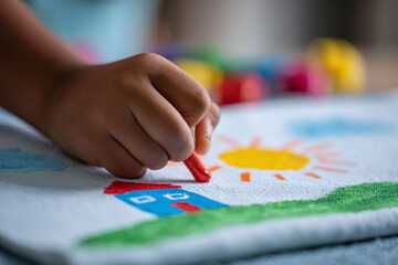 Fototapeta premium A childs hand drawing a colorful scene on fabric with crayon. Depicts creativity, innocence, and the joy of art. Suitable for education, childhood, and familythemed projects.