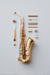 Artistic arrangement of a disassembled golden saxophone against a neutral backdrop. Could represent music, precision, artistry, or the elements of creativity.