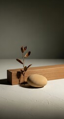 Simple Minimalist Wooden Block with Stone and Plant.