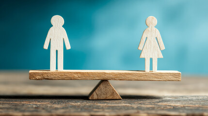 Wooden male and female figures balanced on a seesaw representing gender equality, fairness, and social balance against a soft blue background