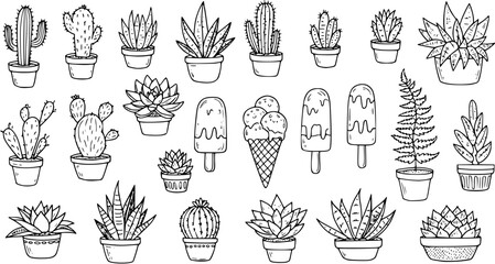 Hand-Drawn Cactus and Succulent Plants with Ice Cream Collection in Pots, Black and White Doodle Style Vector Illustration