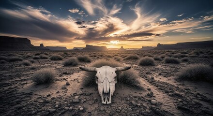 Bull skull resting on dry ground in a vast desert with mesas and a colorful sky.