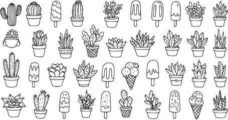 Cactus  Ice Cream Doodle Pattern: Cute Hand-Drawn Plants and Treats