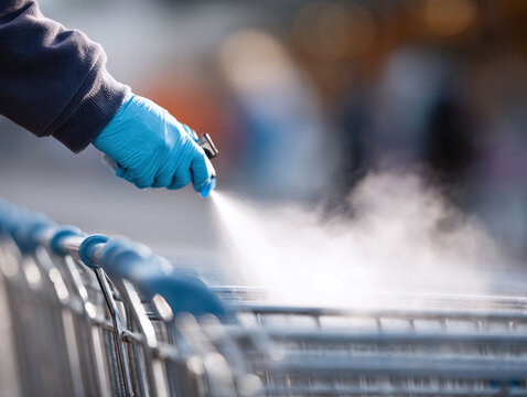 Hygiene closeup A gloved hand sanitizes a shopping cart with spray. Illustrates safety, prevention, healthcare, and cleaning. Perfect for articles, ads,  websites.