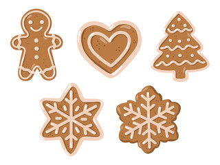 Gingerbread cookies set with man, heart, tree and snowflakes. Hand drawn cartoon vector illustration on white background