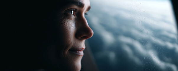 Introspective woman gazes through a raindropcovered window at passing clouds. Evokes travel, thought, and reflection. Ideal for themes of journeys, weather, or inner peace.