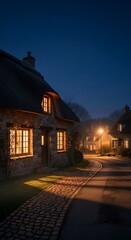 Nighttime Village Scene with Cozy Cottages.