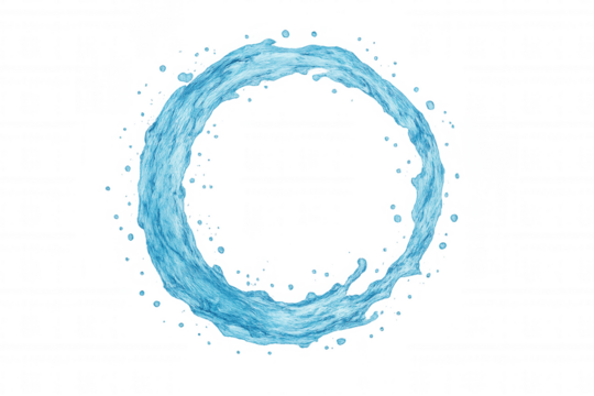 Water splash forming a clean circular ring with droplets on a transparent background, symbolizing freshness and motion