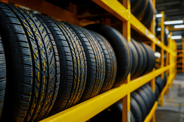 Obraz premium Stack of new car tires organized on yellow metal shelves in a warehouse