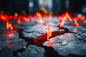 Glowing digital data visualization on cracked ground in an urban setting