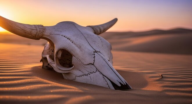 A stark animal skull rests on wind-swept sand dunes at golden desert sunset.