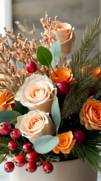 Elegant floral arrangement with roses and berries in seasonal decor