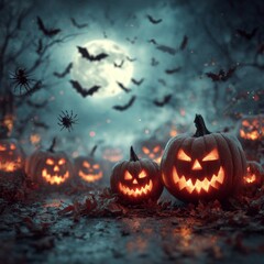 Obraz premium Captivating halloween array: a spread of classic spooky decorations. Visual poster. Festive halloween layout with spooky characters and an orange backdrop. Movie artwork. Drama poster.