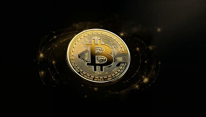 Golden bitcoin rises through blockchain swirls