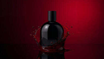 Glossy black perfume bottle with red splash