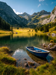 Obraz premium Serene mountain lake with a boat and lush green landscape under a blue sky