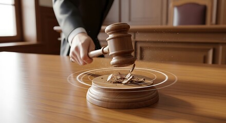 Courtroom Gavel Striking Wooden Table.