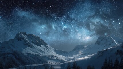 Breathtaking winter night landscape with snow-covered mountains under a vibrant starry sky. Majestic frozen wilderness.