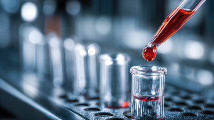 Close-up of laboratory glassware with red liquid in a scientific setting