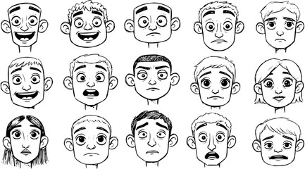 Cartoon Faces: Set of Fifteen Hand-Drawn Character Expressions - Happiness, Sadness, Anger, Surprise and Neutral Emotions