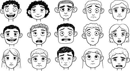 Cartoon Faces with Varying Emotions: A Collection of Expressive Characters in Black and White