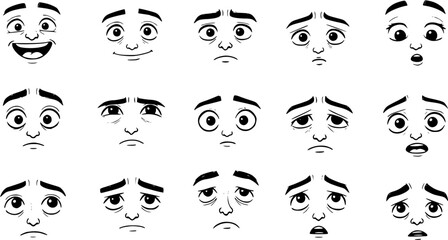 Cartoon Facial Expressions: Set of Diverse Emotions and Feelings in Hand-Drawn Style, Vector Illustration