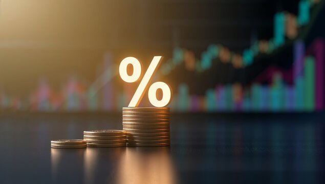 Luminous percent sign rising from coin stack