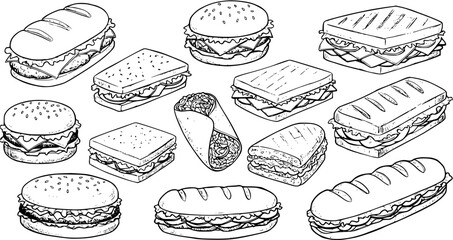 Hand-Drawn Black and White Set of Various Fast Food Items: Burgers, Sandwiches, Submarine Rolls, Panini, and Burrito Wrap Illustration
