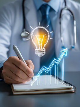 Medical professional brainstorming innovative ideas for growth and success symbolized by glowing light bulb and rising arrow chart in notebook