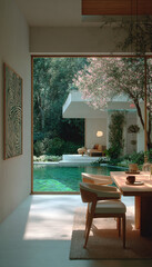 Modern, minimalist interior design overlooking the pool. The dining room features light wood tones and blends into a lush tropical garden. Luxurious architecture and a serene lifestyle.