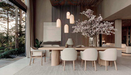 Minimalist and elegant dining room in earthy tones. Light wood table, upholstered chairs, and wood paneling. Modern and serene design with large windows overlooking nature.