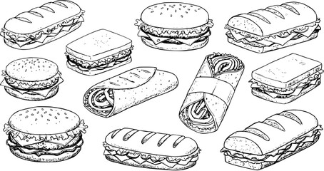 Collection of Fast Food Sketches: Hand-Drawn Burgers, Sandwiches, and Wraps in Black and White Line Art Style, Perfect for Doodle or Coloring Book Designs