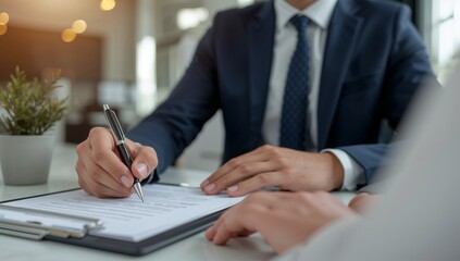 Naklejka premium Insurance agent guides client through health policy signing