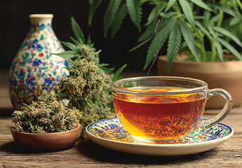 Natural Therapy with CBD Cannabis Tea. Hot tea with dried cannabis flowers (buds) in a ceramic bowl with cannabis plants in the background, promoting herbal therapy, well-being, and relaxation.