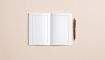 Top down clean desk with blank notebook and fountain pen