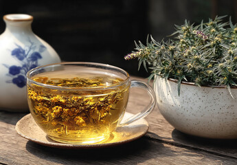 Herbal Medicine and Natural Detoxification. A cup of mugwort (Artemisia annua) tea for herbal medicine and digestive health, promoting well-being and natural healing in a rustic setting.