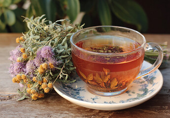 Health and Relaxation with Herbal Tea. A cup of herbal tea (phytotherapy) and dried flowers for digestion and well-being, ideal for natural medicine, organic products, and relaxation (Close-up).