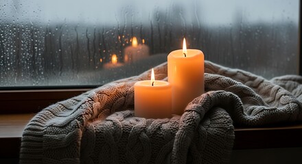 Cozy Candles on a Rainy Day Windowsill.