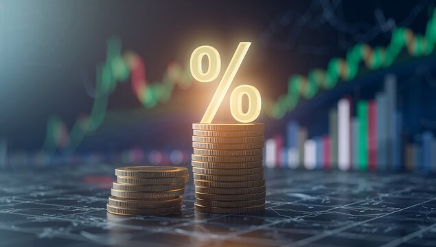 Luminous percent sign surges from coin stack