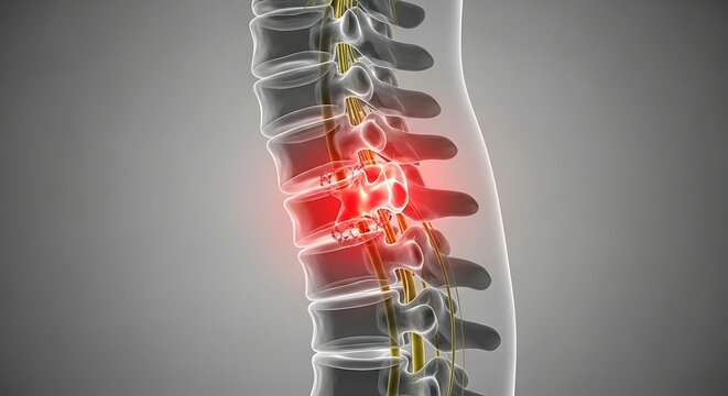 Medical Illustration of Lumbar Spine with Lower Back Pain Highlighted in Red
