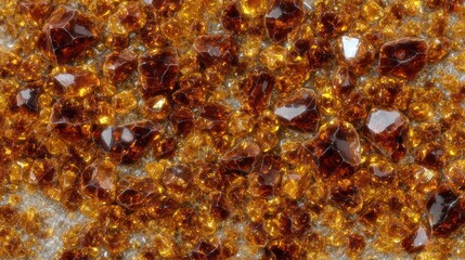 Abstract composition of amber glass fragments and crystalline textures