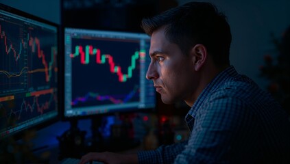 Focused trader analyzing market charts at home