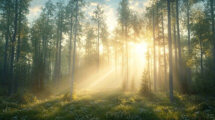 Obraz premium Sunlight streams through tall trees illuminating the misty forest floor and meadow flowers creating a bright scenic landscape.