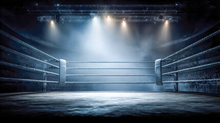 Fototapeta premium Empty boxing arena illuminated with dramatic spotlights above the ring creating an intense atmosphere for a major sporting event or fight night