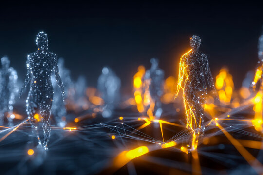 Futuristic digital representations of human figures connected by glowing network lines in a dark, technological landscape