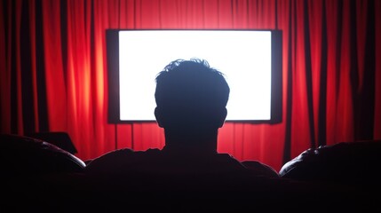 Man silhouetted watching bright screen in dark room