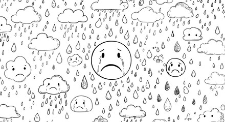 Sad Day: Cartoon Clouds, Raindrops, and Emoji with Tears Illustration for Emotional Wellbeing and Mental Health Concepts